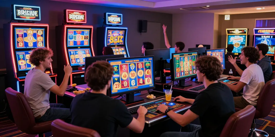 Engaged players enjoying slot games in a vibrant online casino setup, highlighting excitement and community.