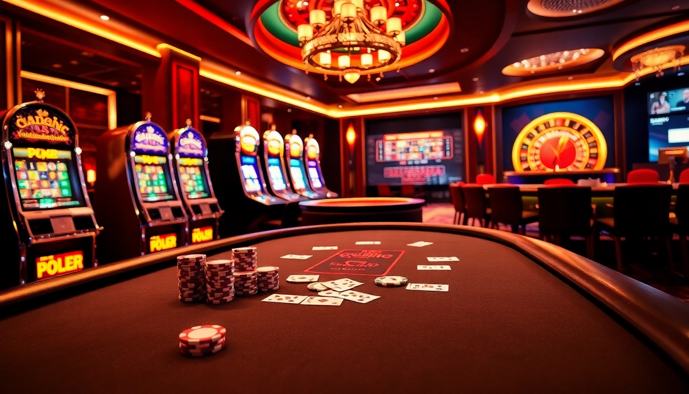 A vibrant casino scene featuring poker cards and chips, showcasing gg88biz's exciting gambling experience.