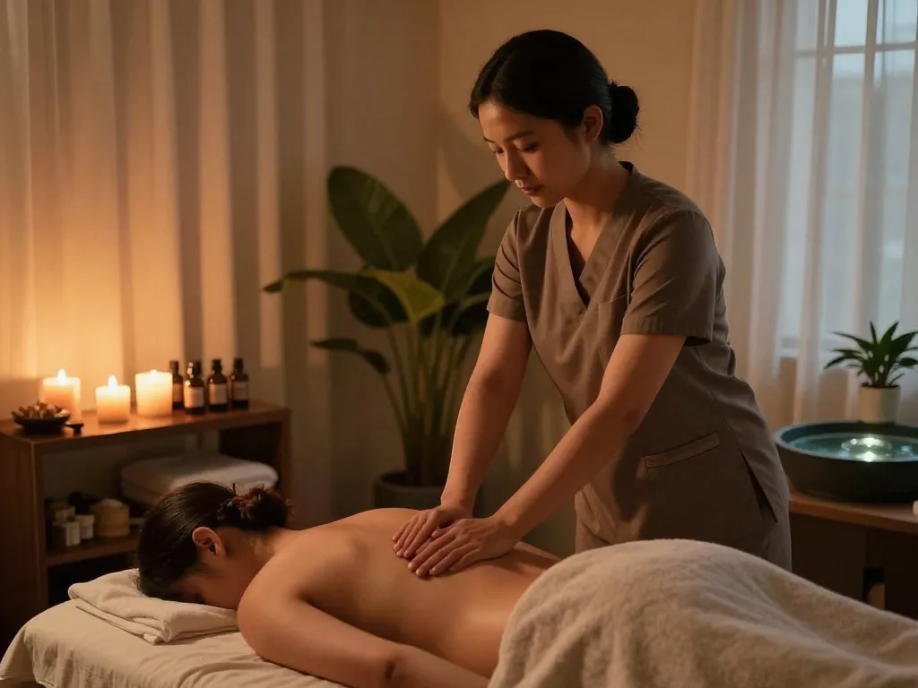 천안스웨디시 massage therapy in a serene spa environment with calming elements.