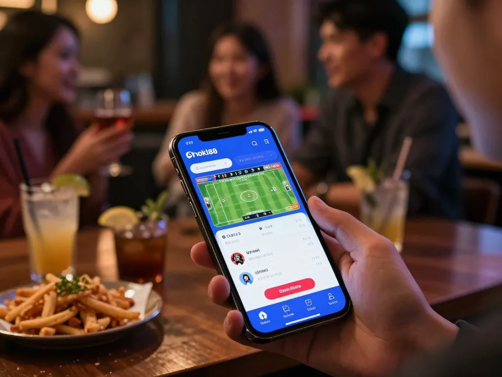 Terlibat dalam taruhan olahraga dengan hoki88 login alternatif di smartphone di bar yang ramai.