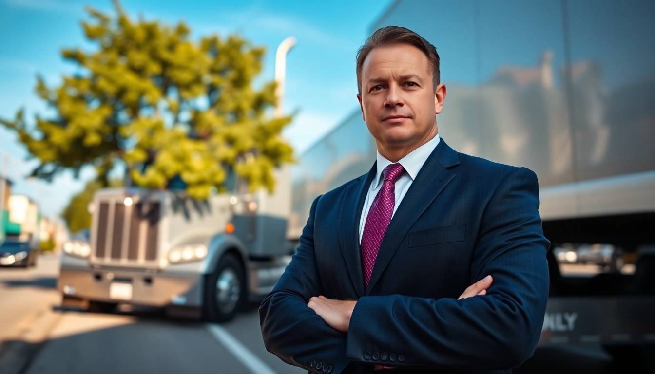 Clearwater truck accident attorney confidently assists clients near a commercial truck, showcasing expertise.