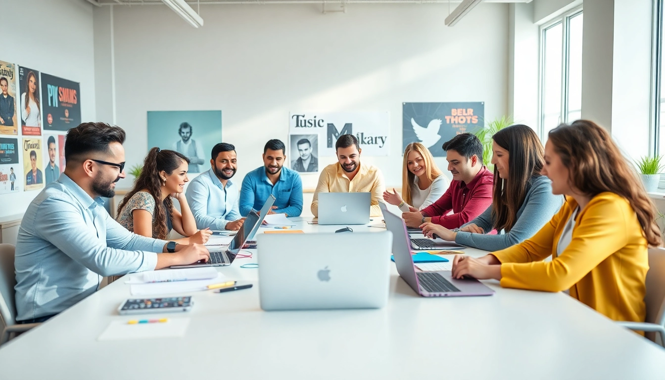 Dynamic team at a music pr company strategizing in a vibrant workspace.