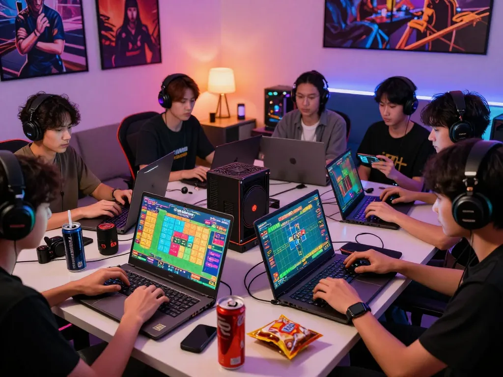 Players enjoying Bandar Togel in an immersive online gaming setup with colorful screens and snacks.