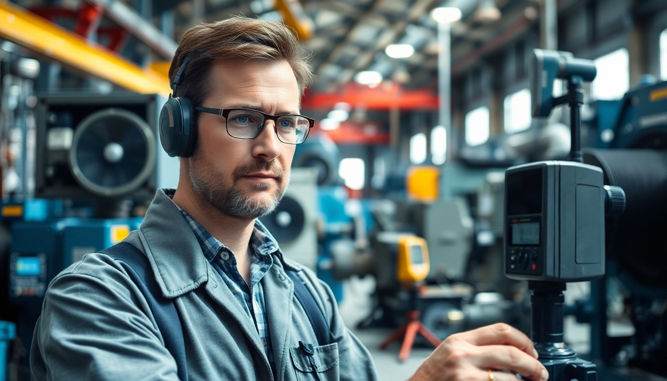 Conducting a noise assessment survey in an industrial facility with sound level meters.