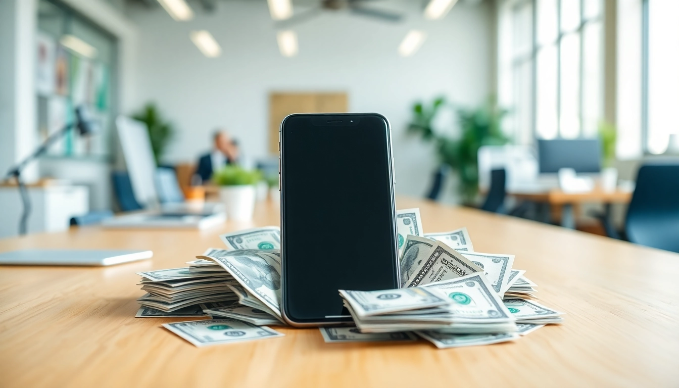 Trade cash for used phones in a sleek office, symbolizing value and technology.