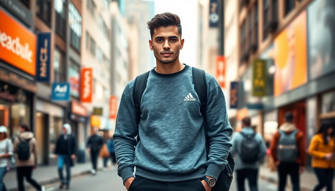 Model wearing crew neck sweatshirt in an urban setting, showcasing casual style.