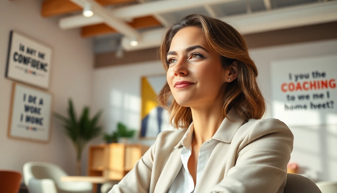 Empowered woman reflecting on confidence coaching for women in a bright office setting.