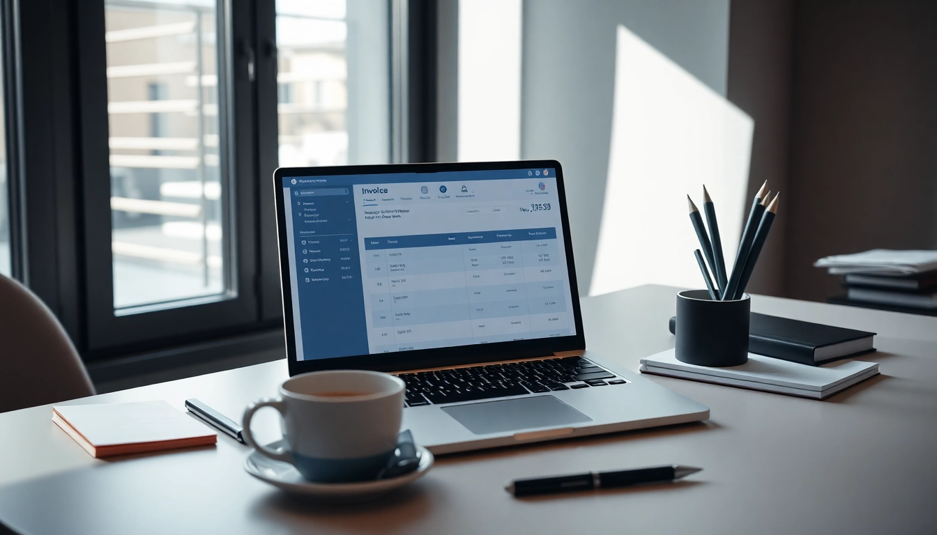Optimize your workflow with invoice processing software shown on a sleek laptop in a bright office.