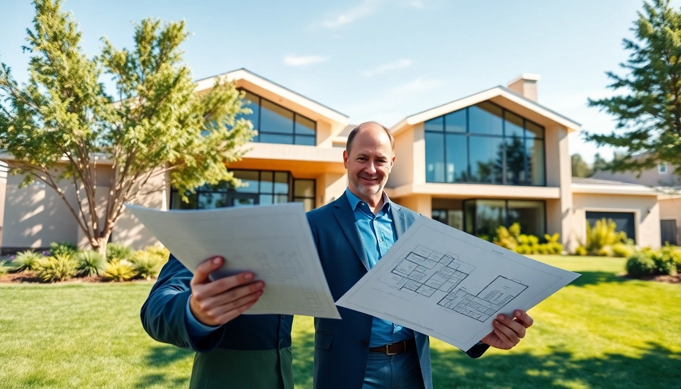 Real Estate agent showcasing a modern home with blueprints in a suburban environment.