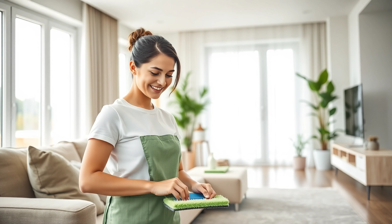 Cleaning service performing detailed work in a bright, modern home showcasing cleanliness and professionalism.