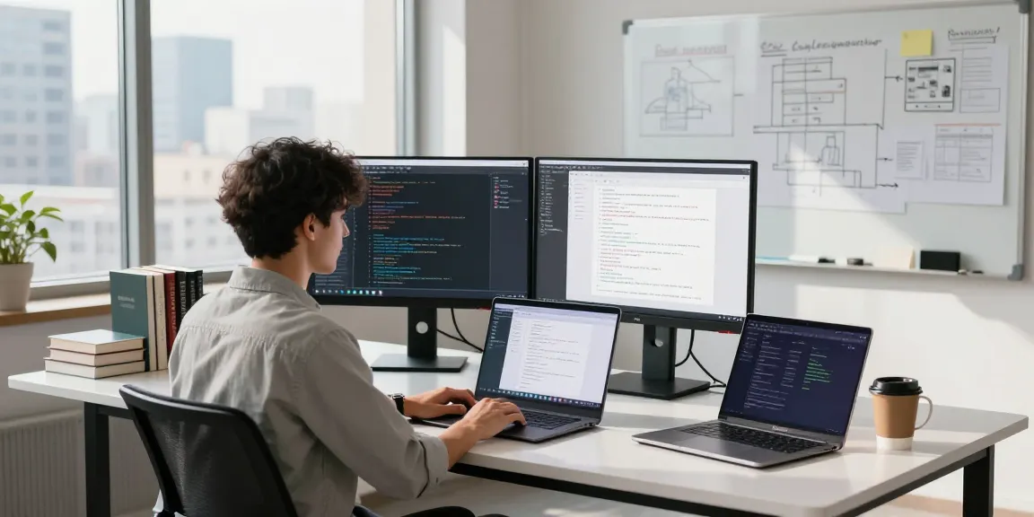 Developer working on 纸飞机下载 in a modern tech workspace with dual monitors and coding books.