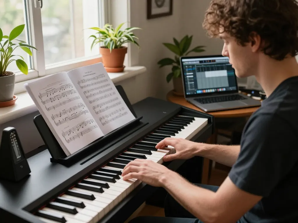 Musician playing go 88 digital piano in a sunlit studio with music sheets.