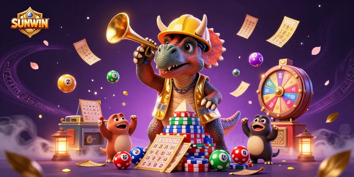 SUNWIN players celebrate as a triceratops builds poker chip pyramid in vibrant casino scene.