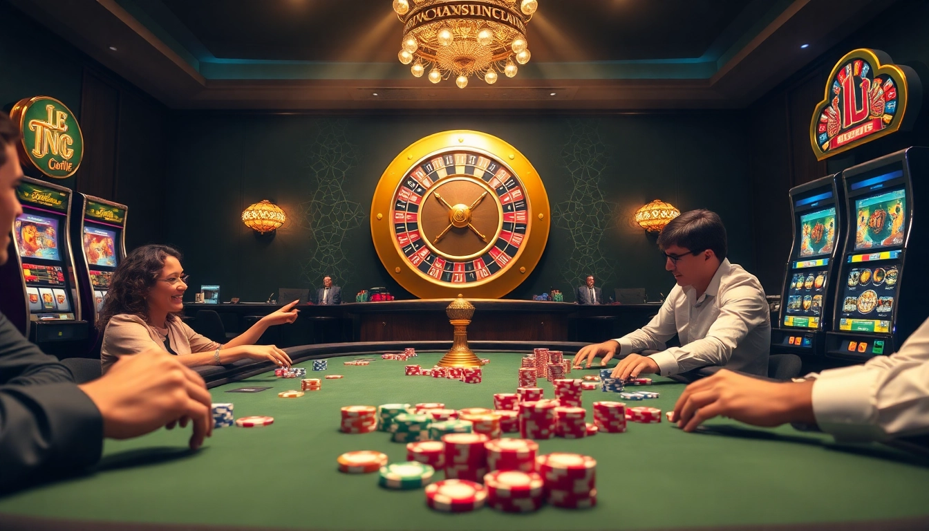 Scène excitante de casino en ligne avec une table de poker vibrante, des jetons colorés et une roue de roulette tournante.