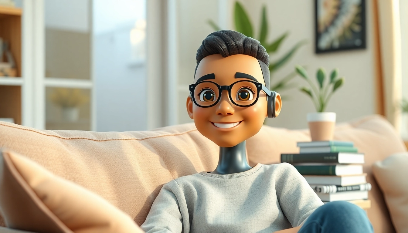 Engaging AI Friend avatar in a cozy living room setting, inviting companionship.
