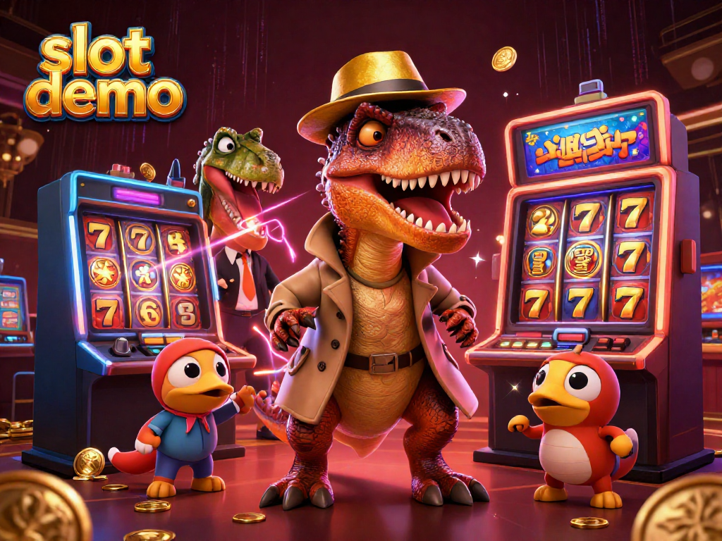 Slot demo dengan karakter dinosaurus bermain slot menunjukkan suasana kasino yang seru dan menarik.