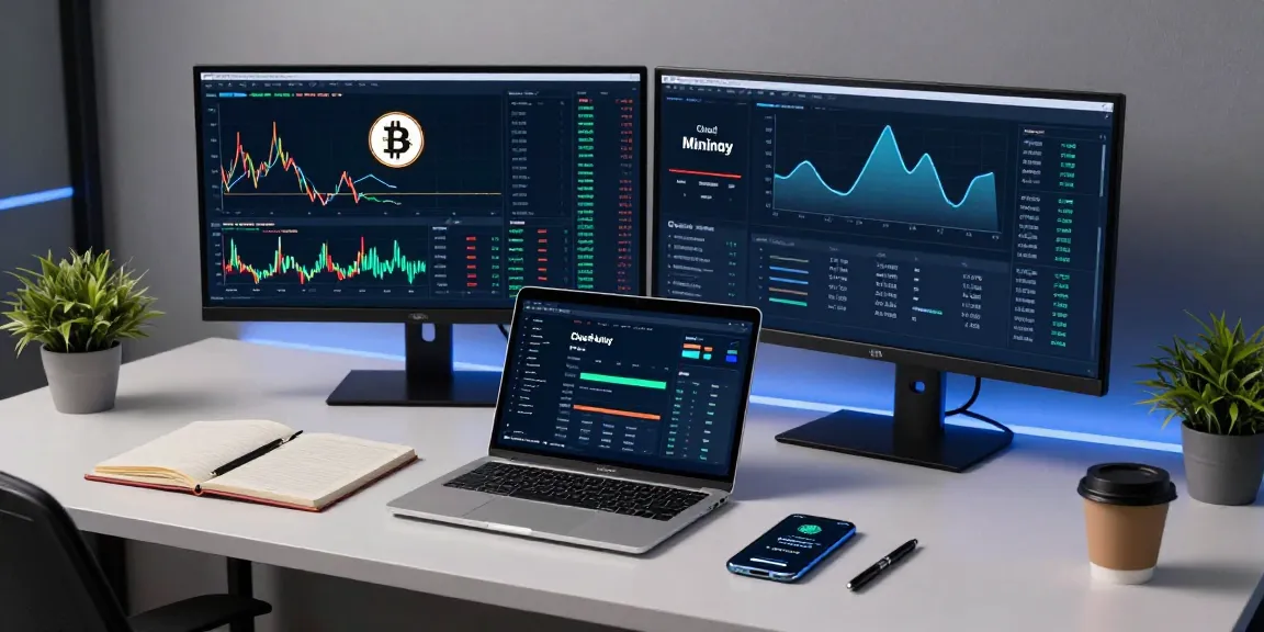 Cloud mining passive income illustrated in a modern crypto workspace with trading charts and smart devices.