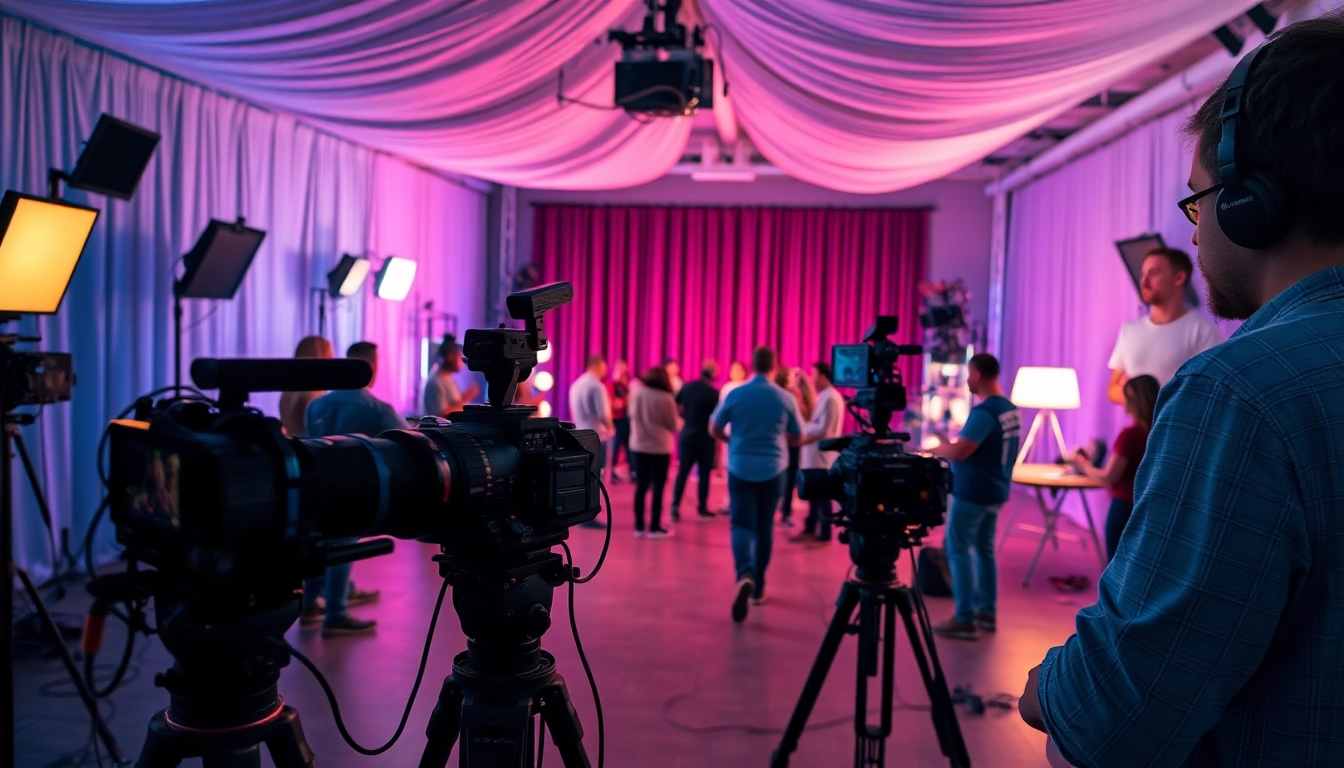 Experience Professional Video Production in a lively studio with diverse teams and vibrant equipment.