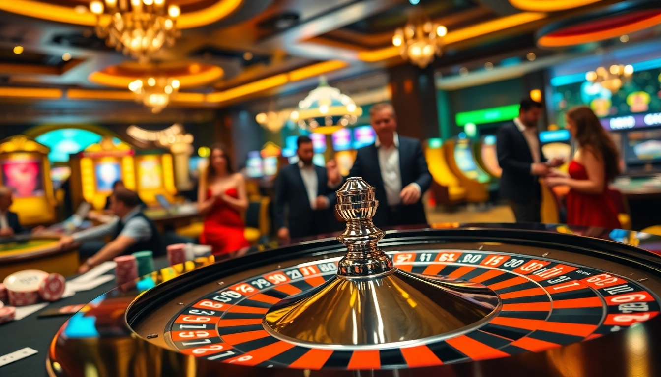 Players enjoying thrilling games at 8win casino, featuring roulette and vibrant atmosphere.