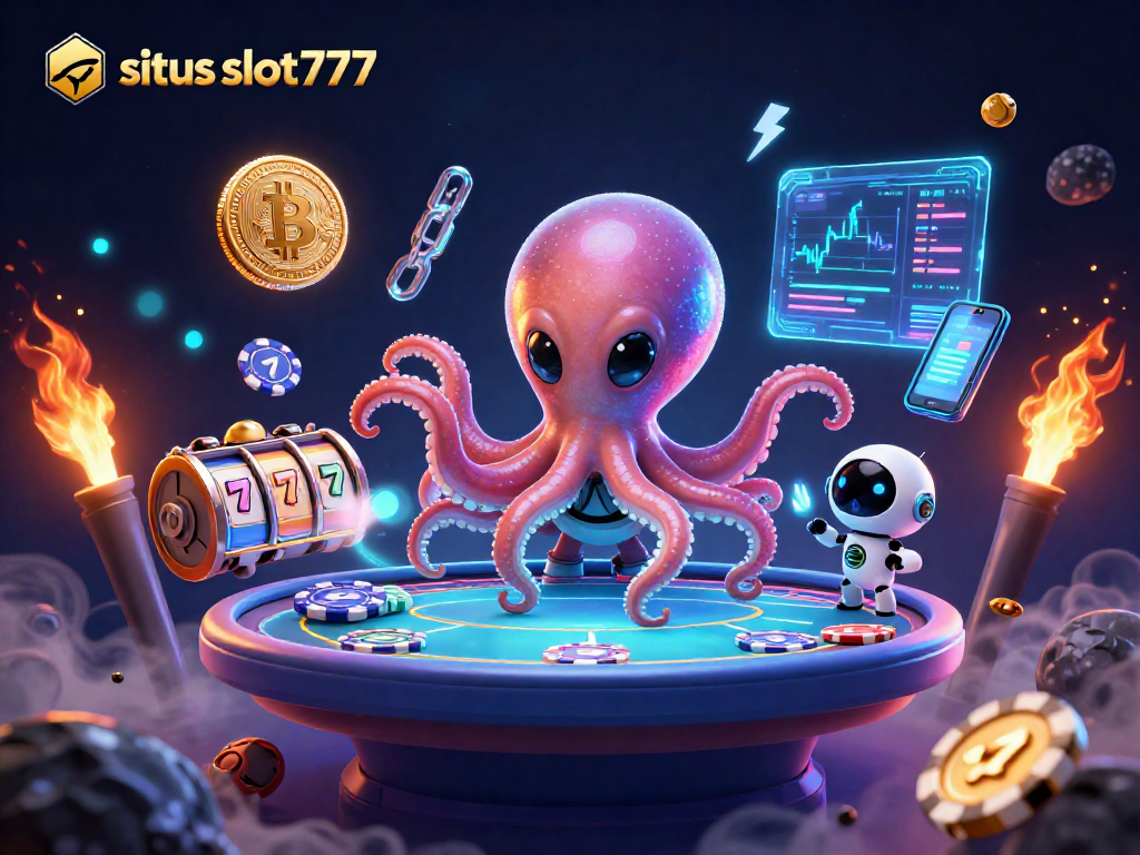 Situs slot777 showcases an alien octopus at a holographic poker table surrounded by slot elements and crypto coins.