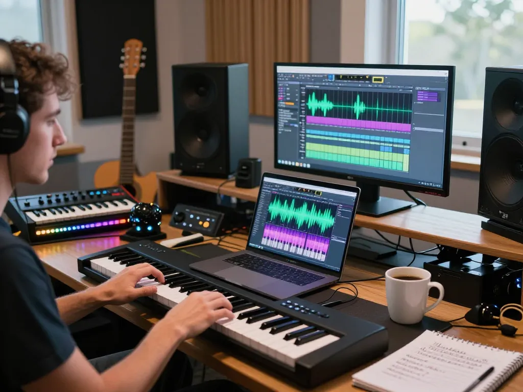 Dynamic music producer using SC88 in a vibrant studio setting, focused on sound creation.