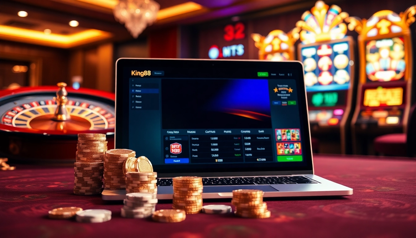 A dynamic gambling scene showcasing king88.com with poker chips, a spinning roulette wheel, and vibrant slot machine graphics.