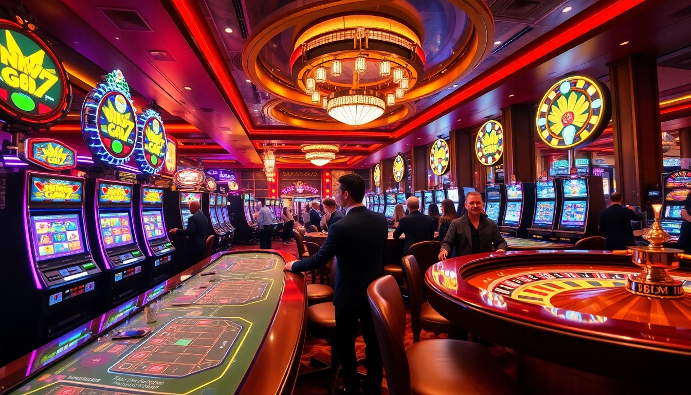 Experience new77 excitement at a vibrant casino with slot machines and roulette.