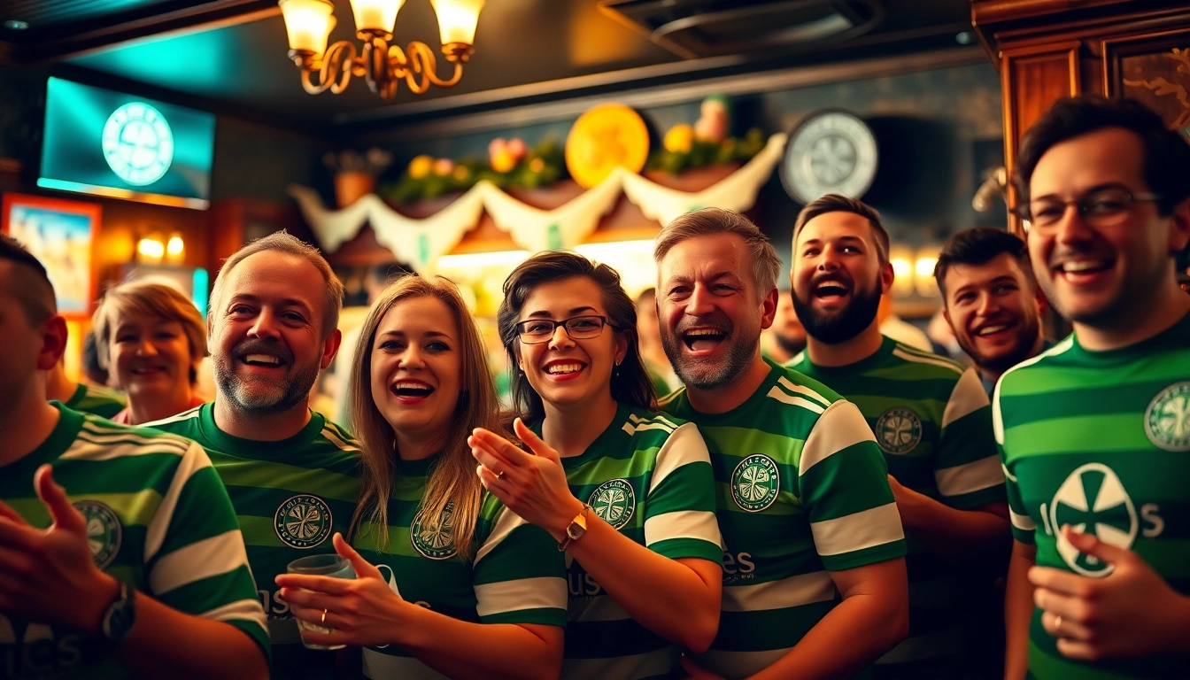Celtic supporters celebrating csc hamburg in a lively pub atmosphere with vibrant colors.