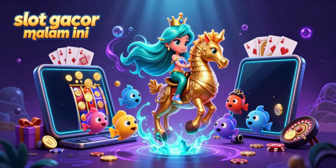 Slot gacor malam ini: ilustrasi ceria putri duyung di kasino bawah laut dengan elemen slot.