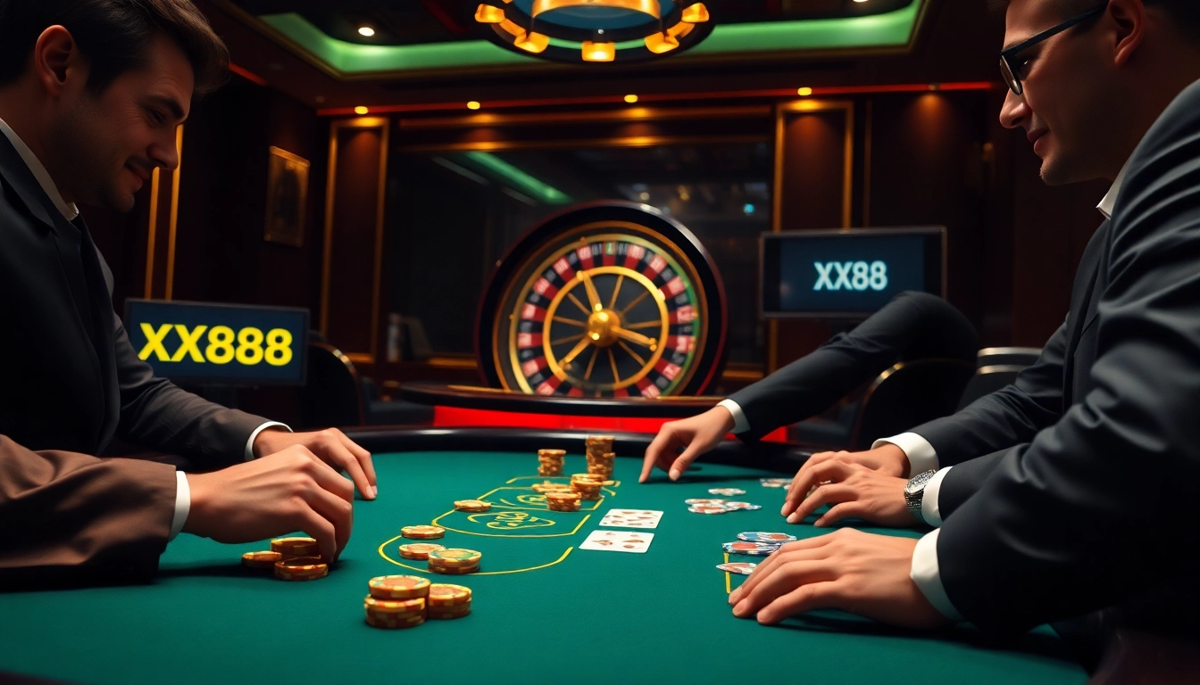 Experience high-stakes excitement at XX88 casino with professional players at the poker table.