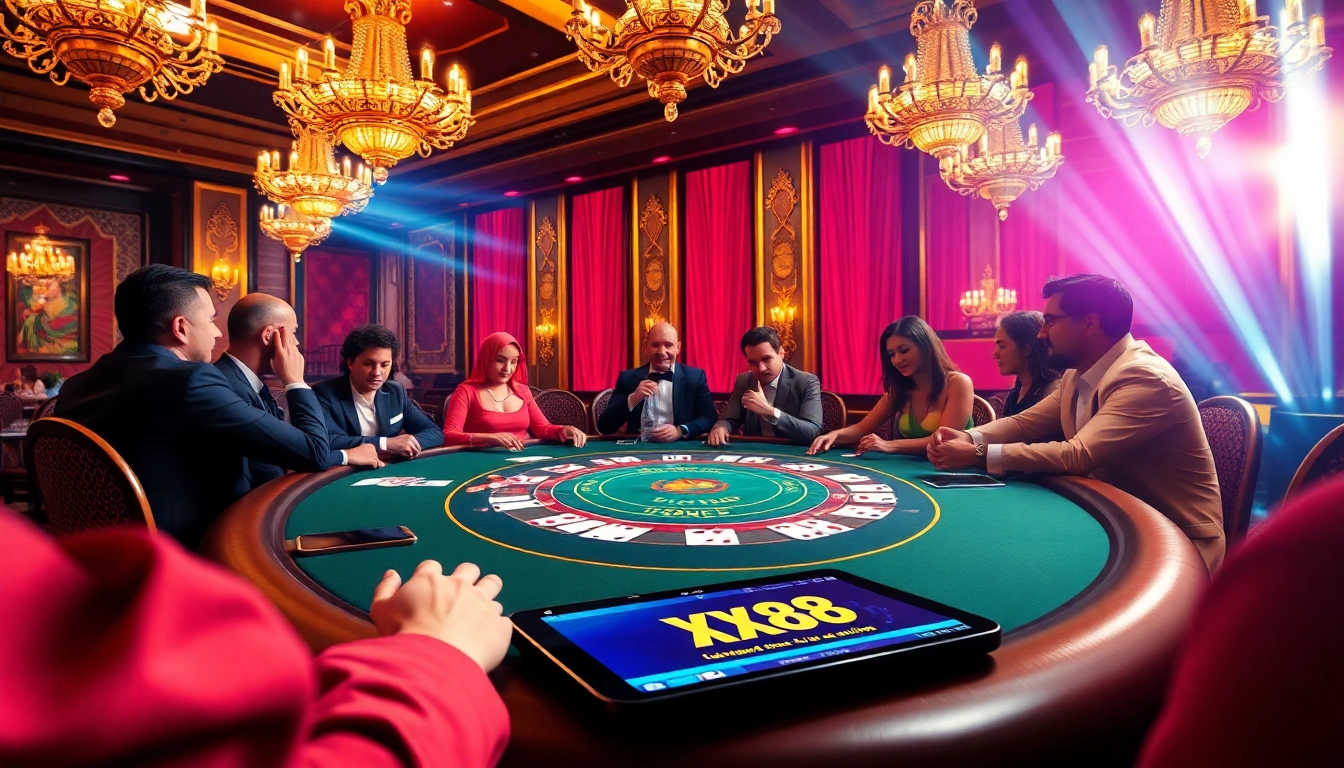 Players compete at a Baccarat table in an opulent casino setting, embodying the excitement of XX88 gaming.