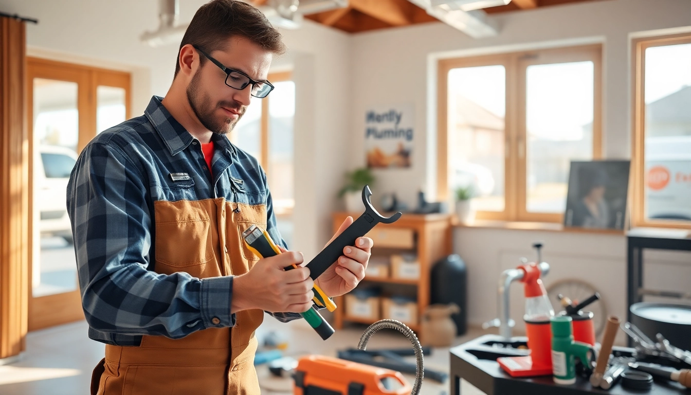 Skilled plumber performing maintenance services in plumbing knightdale, illustrating expertise in a cozy home environment.