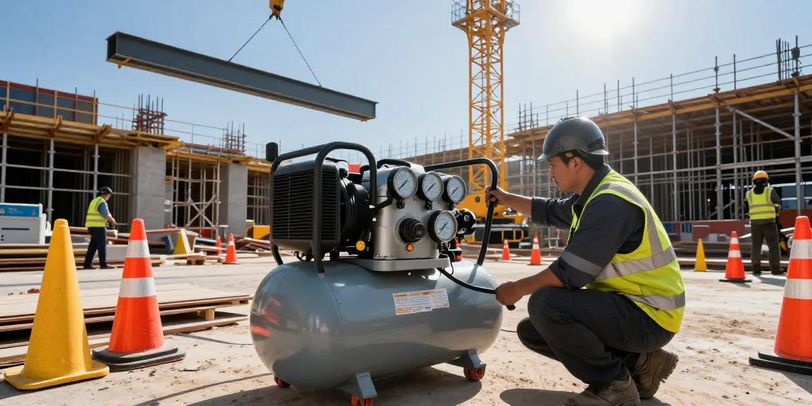 Portable air compressor ensuring power generation efficiency at a busy construction site.