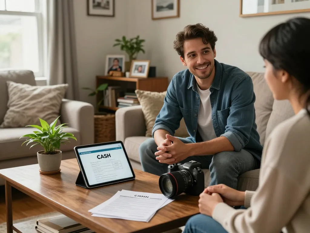 We buy houses for cash, showcasing a friendly cash home buyer discussing offers with a homeowner in a cozy living room.