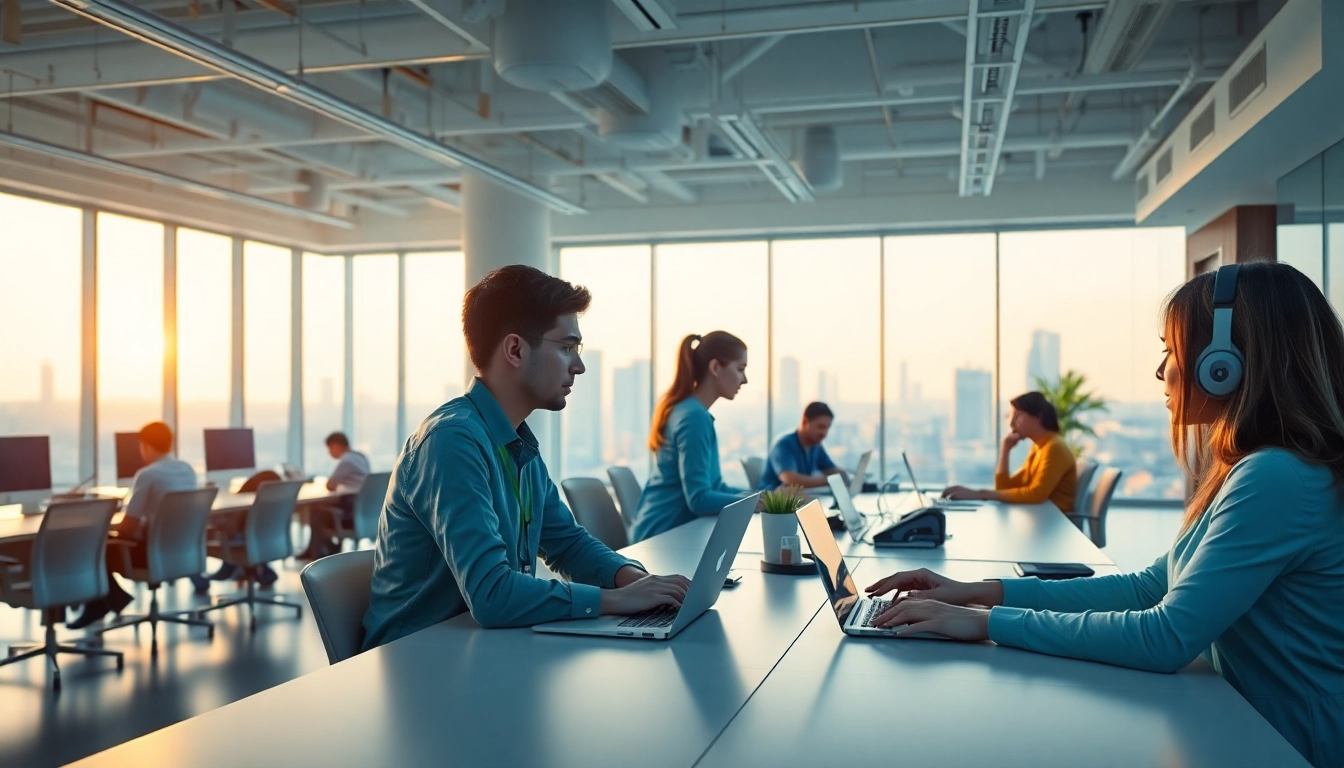 Brightet workspace with diverse professionals collaborating in a bright, innovative environment.