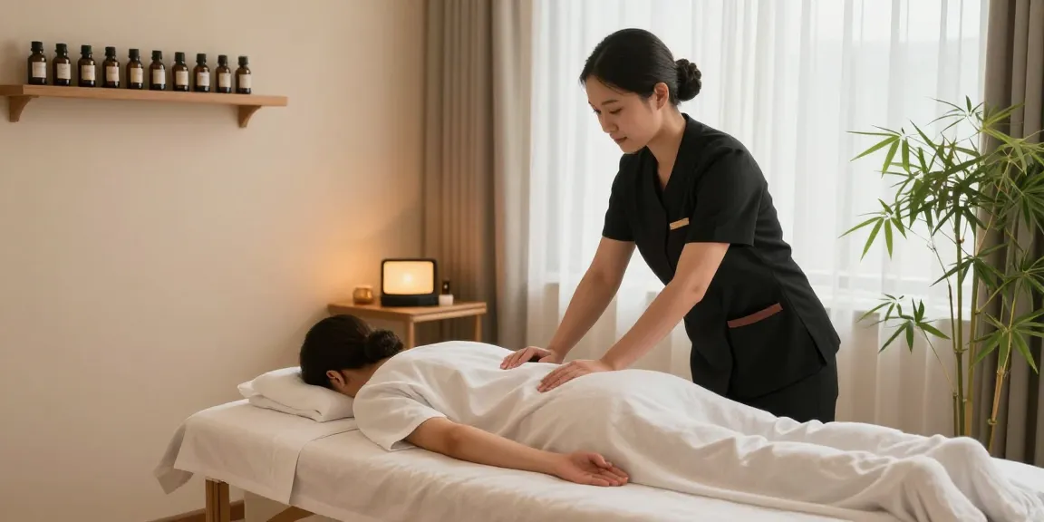 마사지 치료를 준비하는 전문가가 따뜻한 분위기의 스파에서 고객을 맞이하는 모습