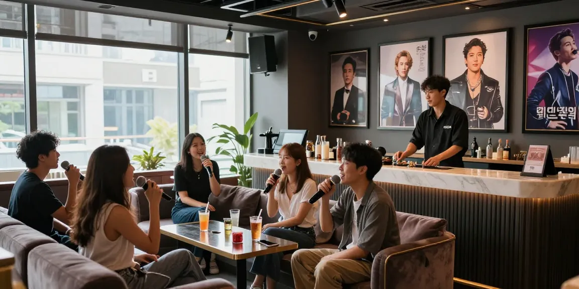 강남쩜오 프리미엄 가라오케의 고급스러운 내부와 손님들의 즐거운 분위기