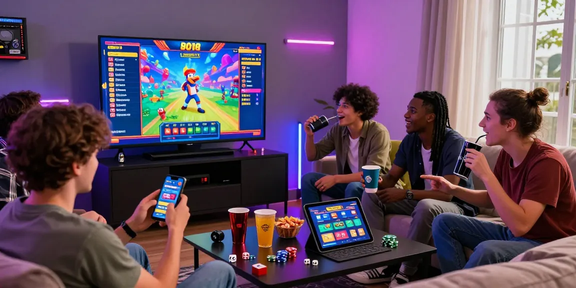 Slot88 gaming fun with friends using KOITOTO link, exciting atmosphere with vibrant game graphics and accessories.