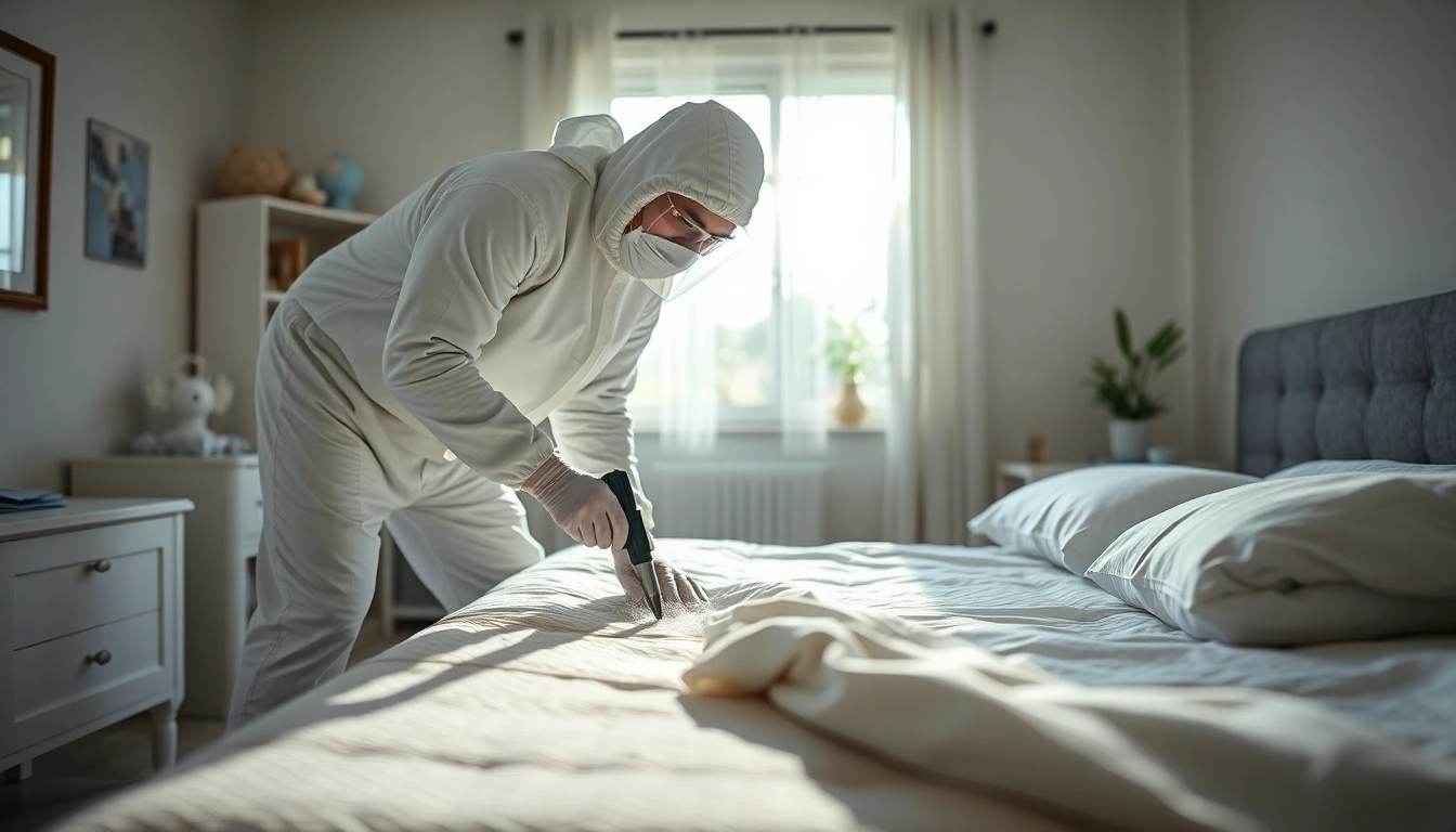 Bed bug exterminators applying eco-friendly treatment in a residential space.
