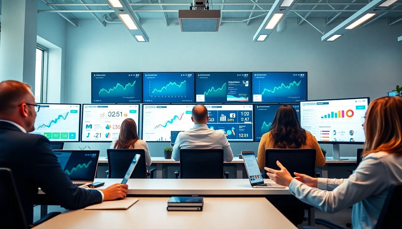 Engaging social media panels used in a vibrant office setting for digital strategy.