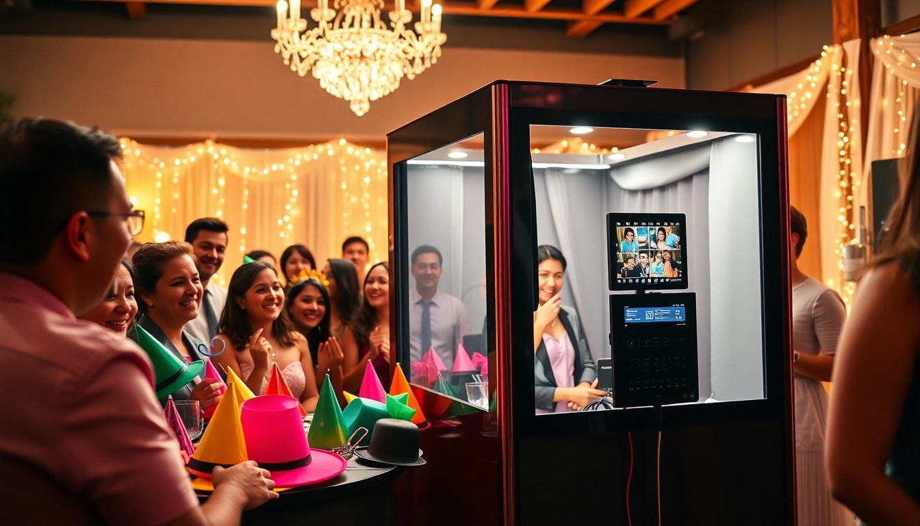 Capture moments with a photo booth rental at a lively wedding reception featuring fun props.