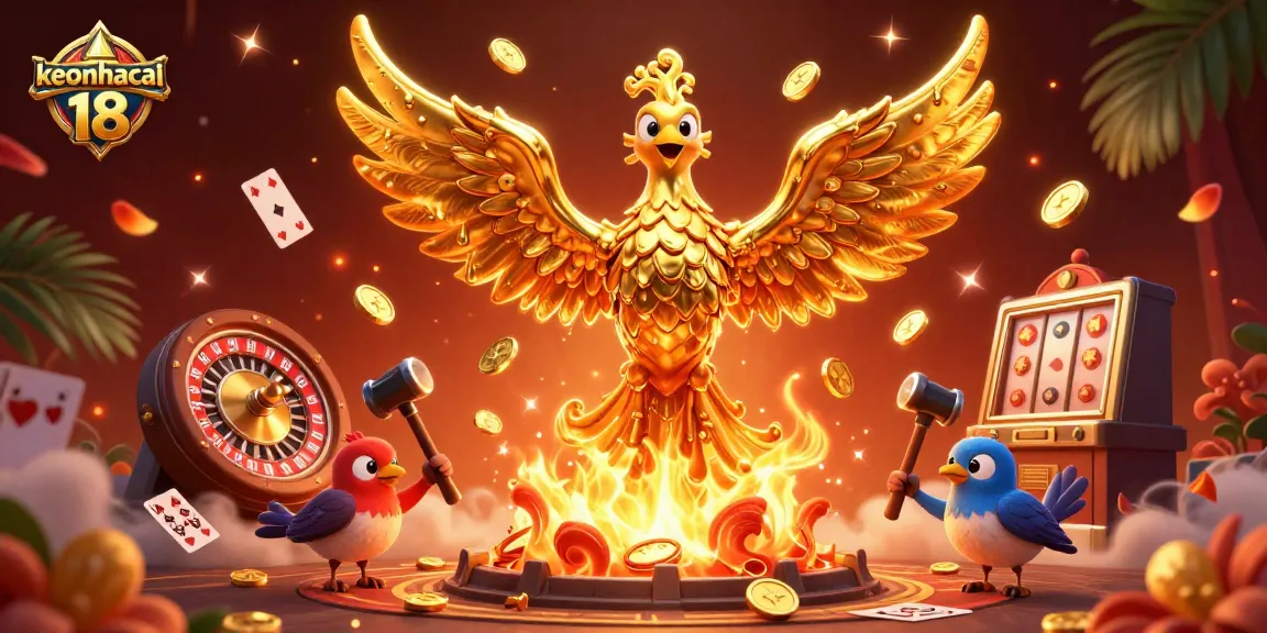 Watch the golden phoenix of keonhacai 18 soar with dynamic casino elements around it.