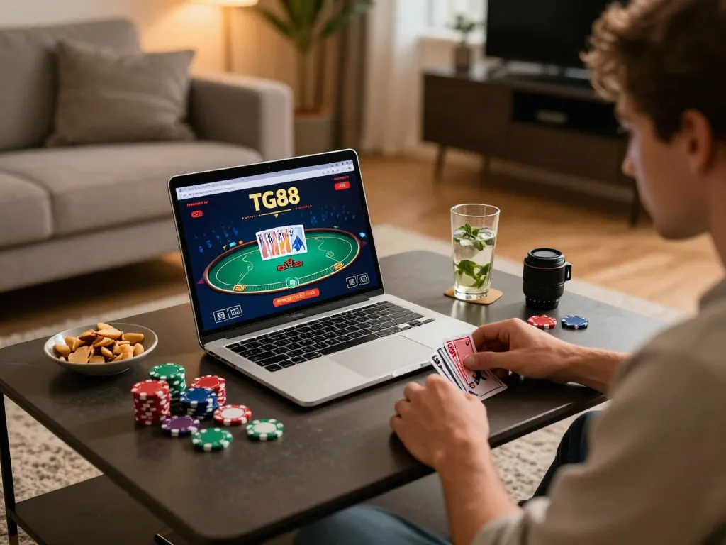 The player engages with TG88 casino's online poker interface in a cozy gaming setup.