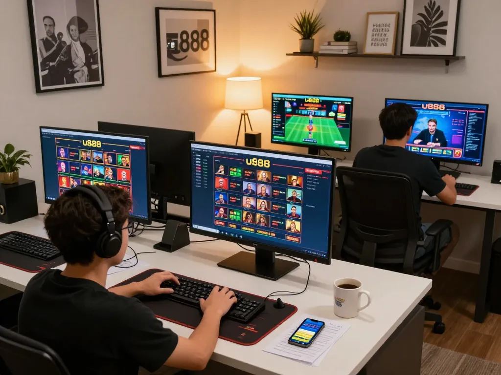 Player strategically engaging with u888 casino games on multiple screens in a modern home office
