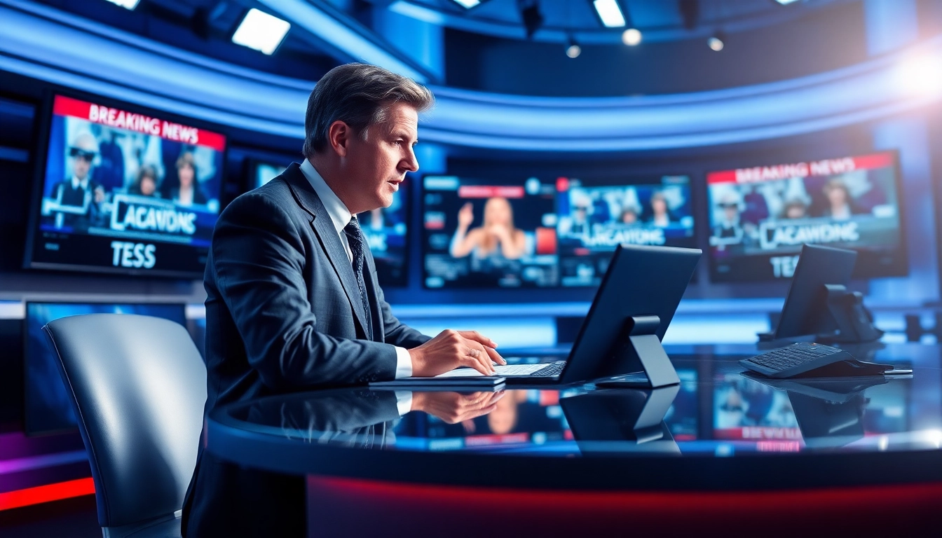 Engaging news anchor reporting breaking news in a high-tech newsroom.