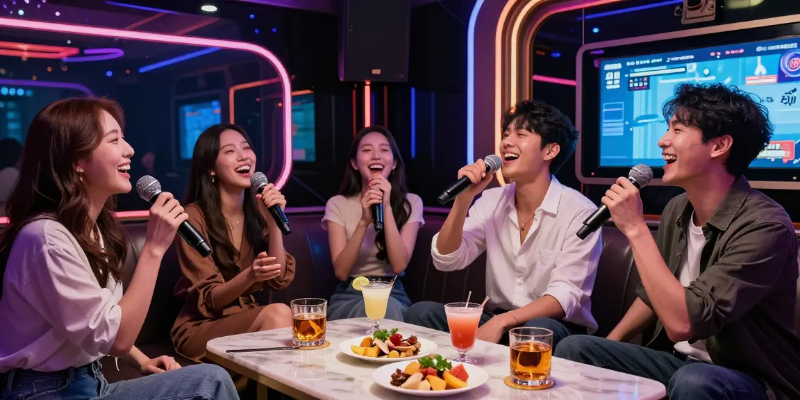 강남 가라오케에서 친구들과 함께 노래하며 즐거운 시간을 보내는 모습