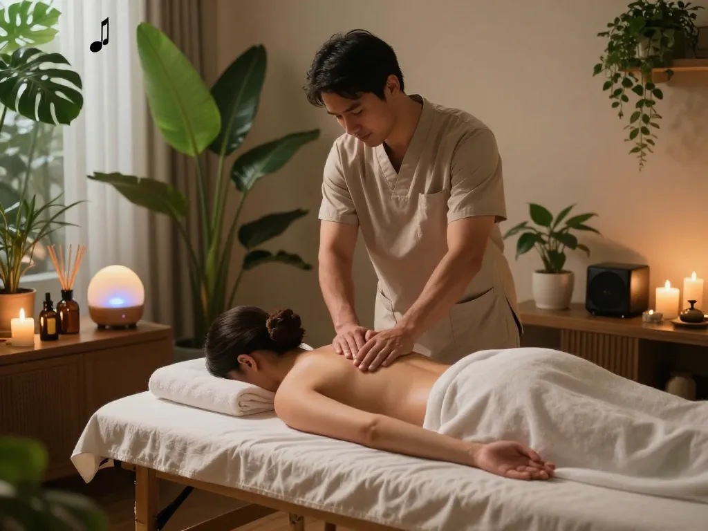 부드러운 조명과 차분한 장식이 있는 고요한 스파 환경에서 진행되는 전문 서초스웨디시 마사지