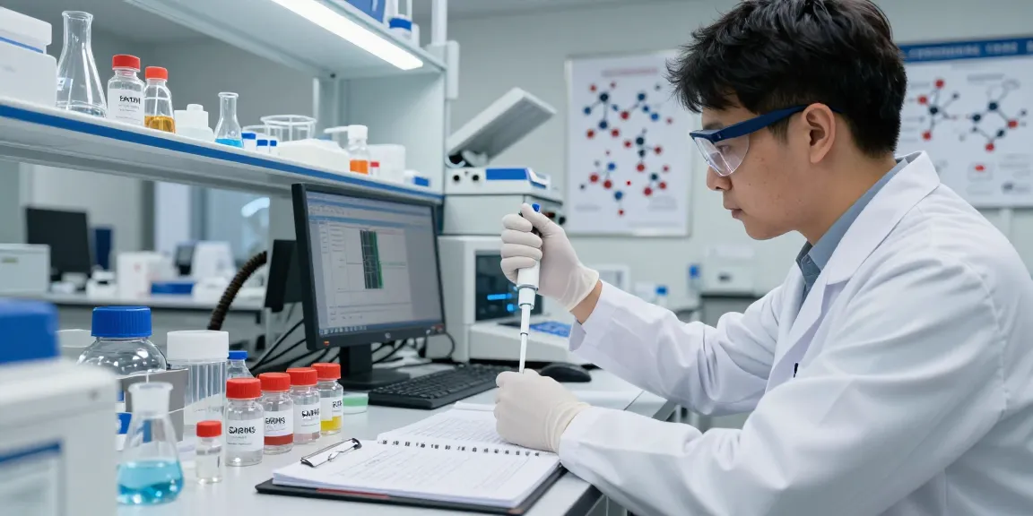 Researcher at laboratory with Swiss Chems peptides and SARMs, showcasing high-purity analysis.