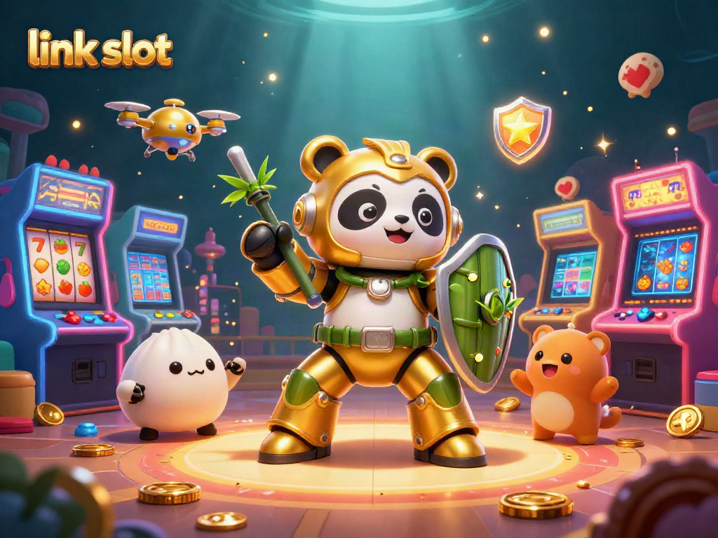 Experience the excitement of link slot games, featuring a golden panda in a mech-suit amidst spinning reels and arcade games.