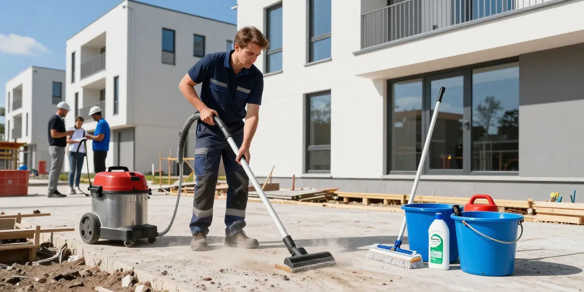 Bauendreinigung Dortmund - Professionelle Reinigung auf Baustelle in Dortmund mit sauberem Wohngebäude im Hintergrund.